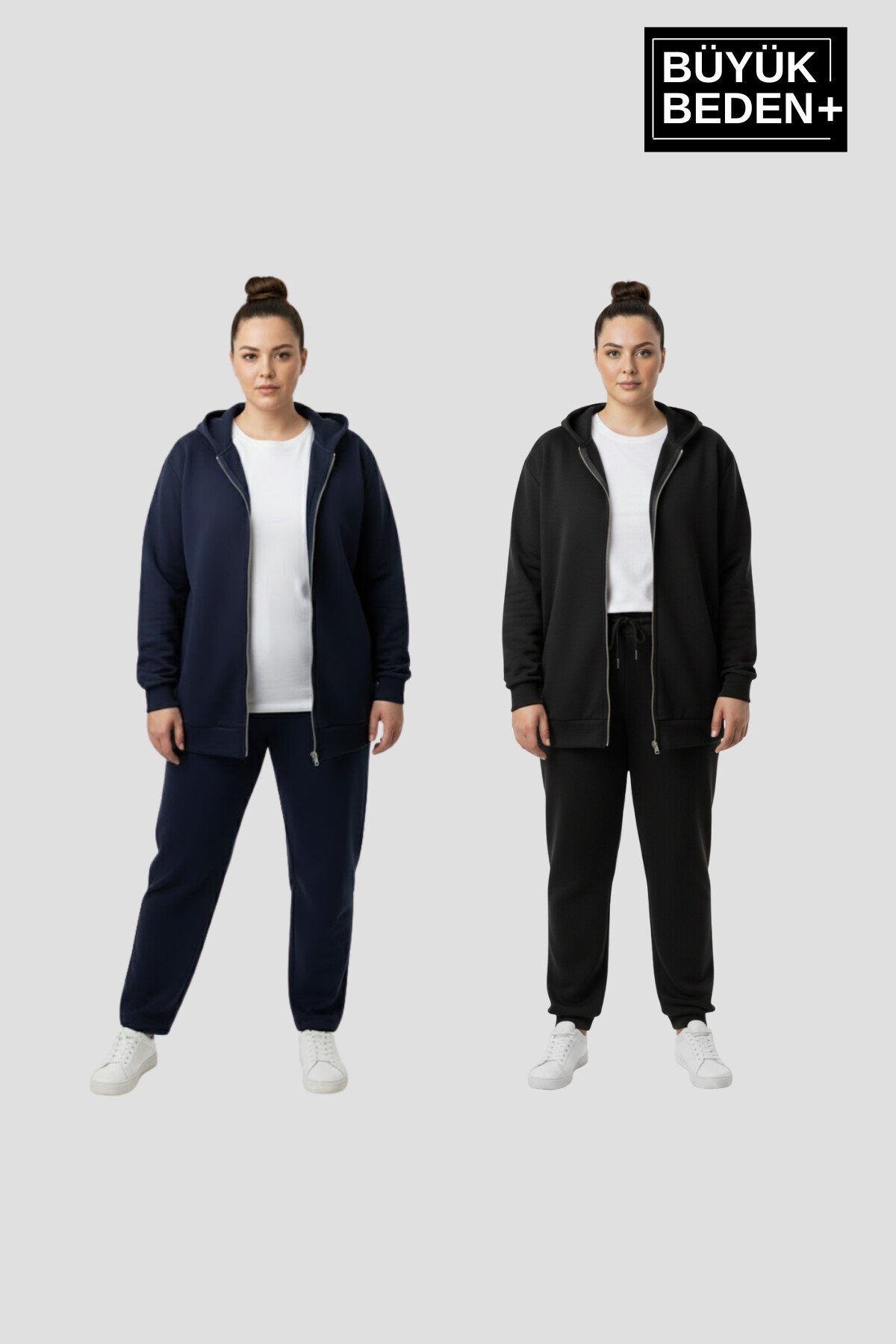 Kadın Büyük Beden Fermuarlı Kapüşonlu 2 liSet ince Sweatshirt Hırka - Rahat Kalıp SPR26BHRK960+2
