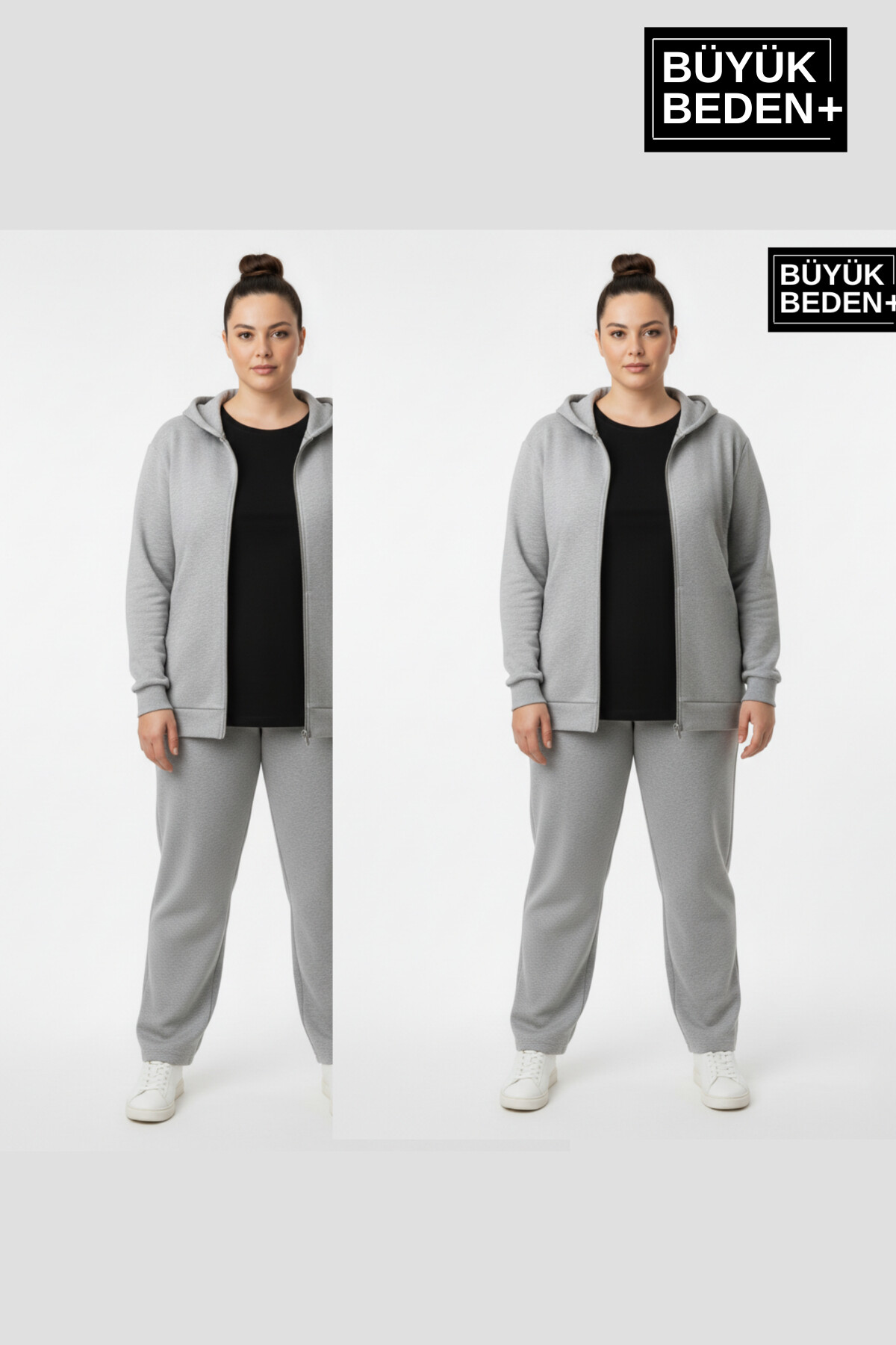 Kadın Büyük Beden Fermuarlı Kapüşonlu 2 liSet ince Sweatshirt Hırka - Rahat Kalıp SPR26BHRK960+2