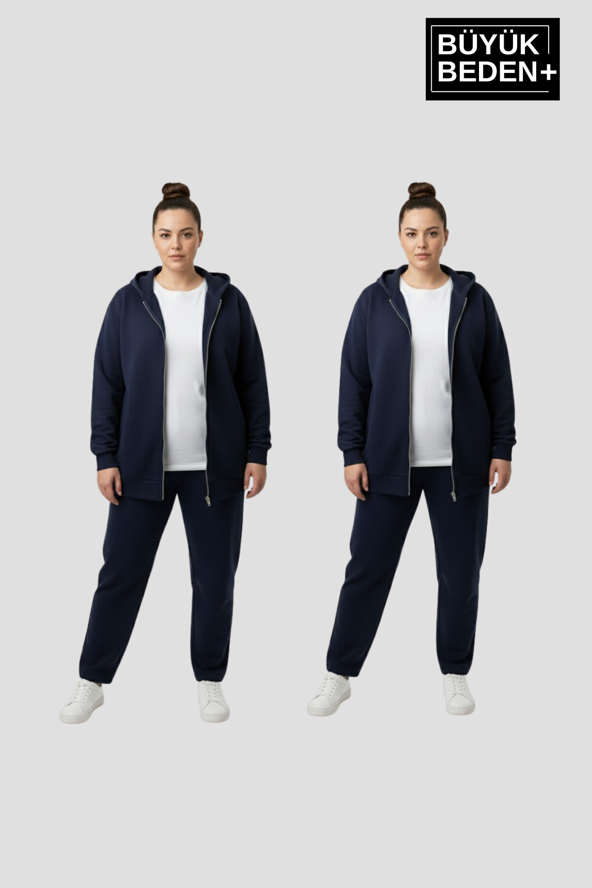Kadın Büyük Beden Fermuarlı Kapüşonlu 2 liSet ince Sweatshirt Hırka - Rahat Kalıp SPR26BHRK960+2
