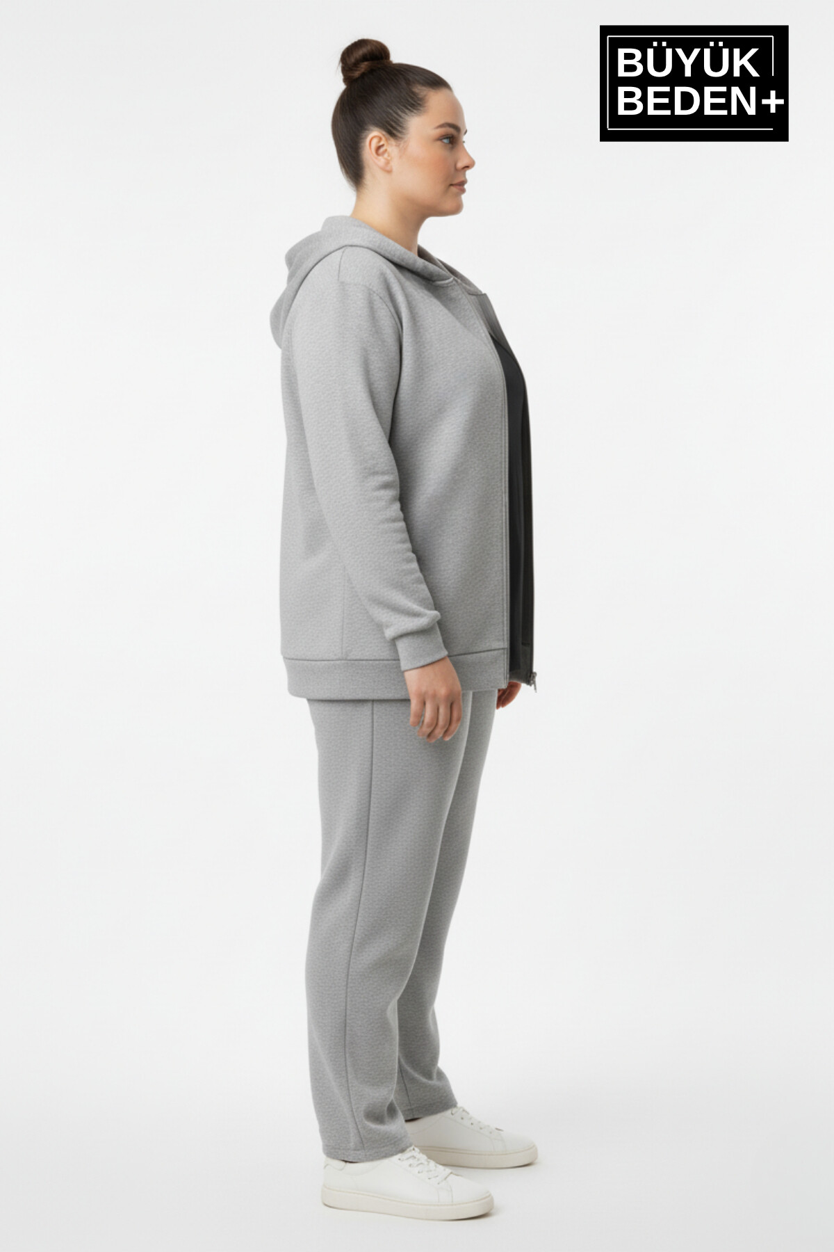 Kadın Büyük Beden Fermuarlı Kapüşonlu 2 liSet ince Sweatshirt Hırka - Rahat Kalıp SPR26BHRK960+2