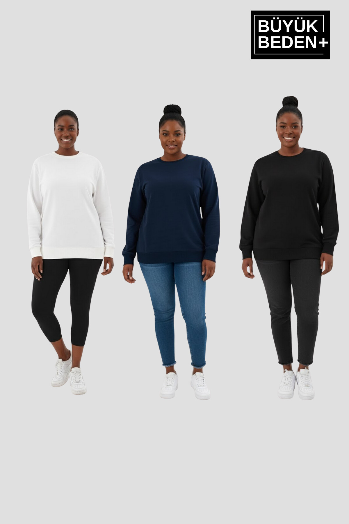 Kadın Büyük Beden İkili Bisiklet Yaka 3lü Set -Rahat Kalıp İnce Sweatshirt SPR26BSW956+3