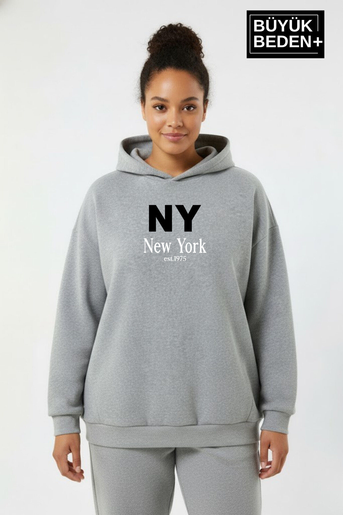 Kadın Büyük Beden Kapşonlu NY NewYork Baskılı ince Swatshırt SPR26BSWK957-15