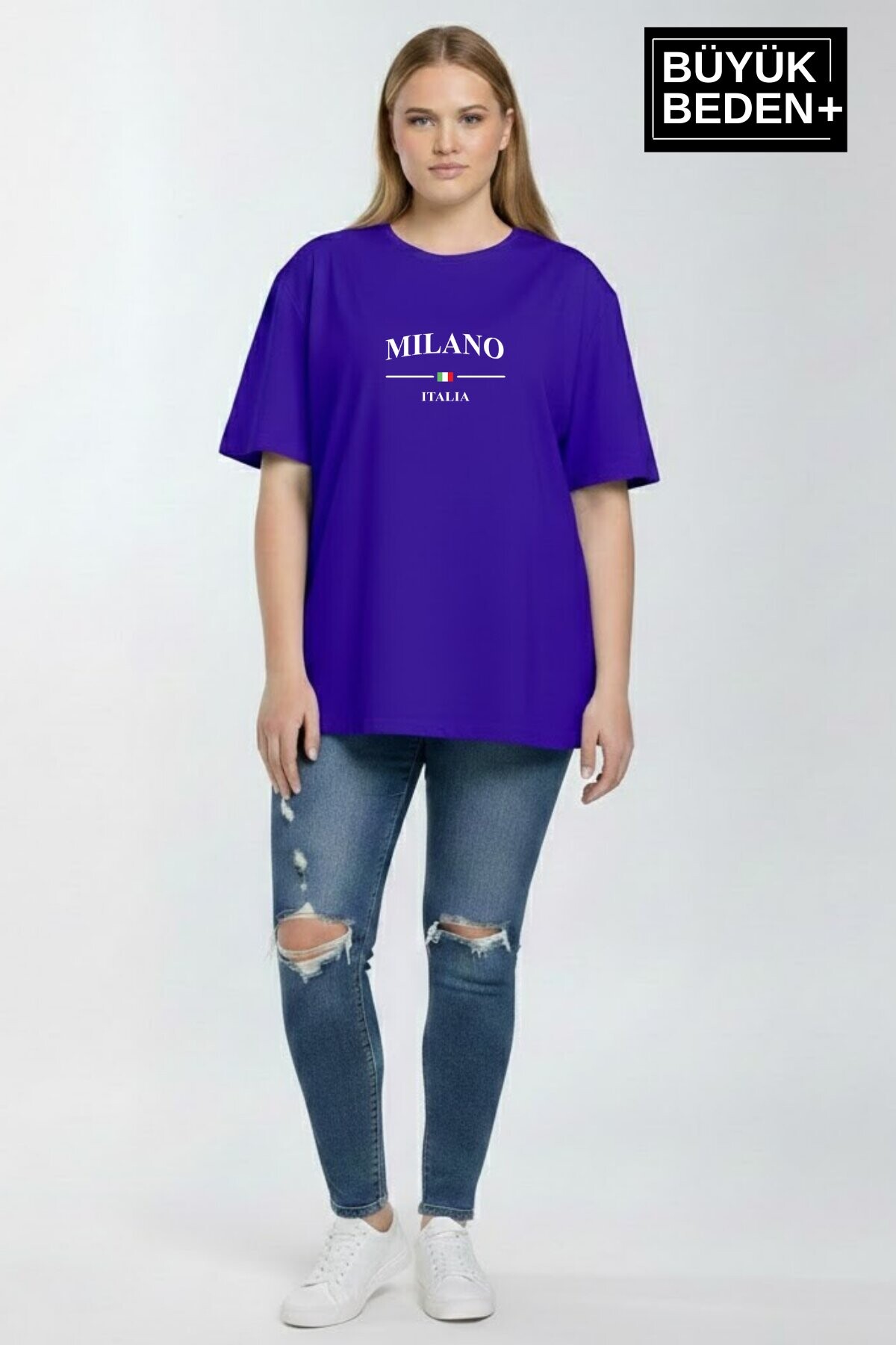 Süperlife Kadın Büyük Beden Milano İtalia Baskılı 3xl-6xl Bisiklet Yaka Tshırt SPR25BTSK510-09