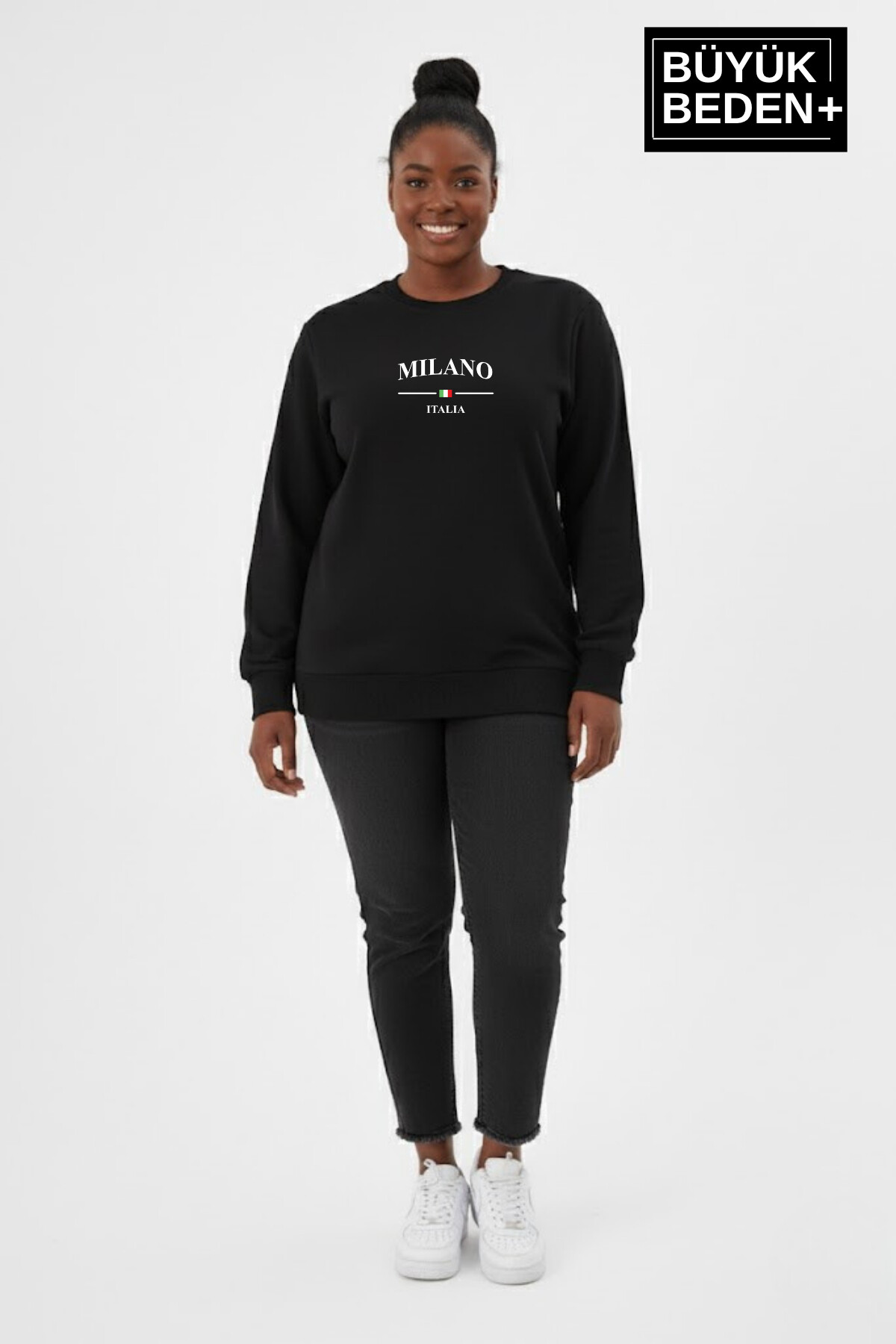 Kadın Büyük Beden MİLANO İTALiA Baskılı Bisiklet Yaka İnce Sweatshirt SPR26BSWK956-9