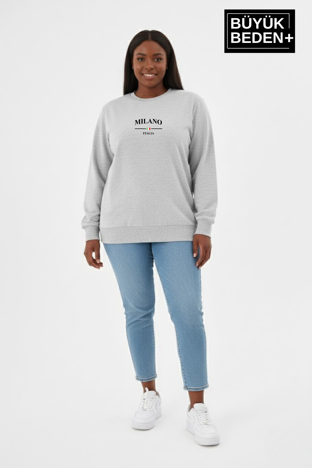Kadın Büyük Beden MİLANO İTALiA Baskılı Bisiklet Yaka İnce Sweatshirt SPR26BSWK956-9