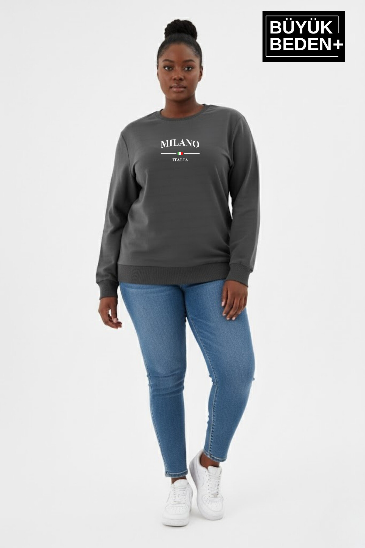 Kadın Büyük Beden MİLANO İTALiA Baskılı Bisiklet Yaka İnce Sweatshirt SPR26BSWK956-9