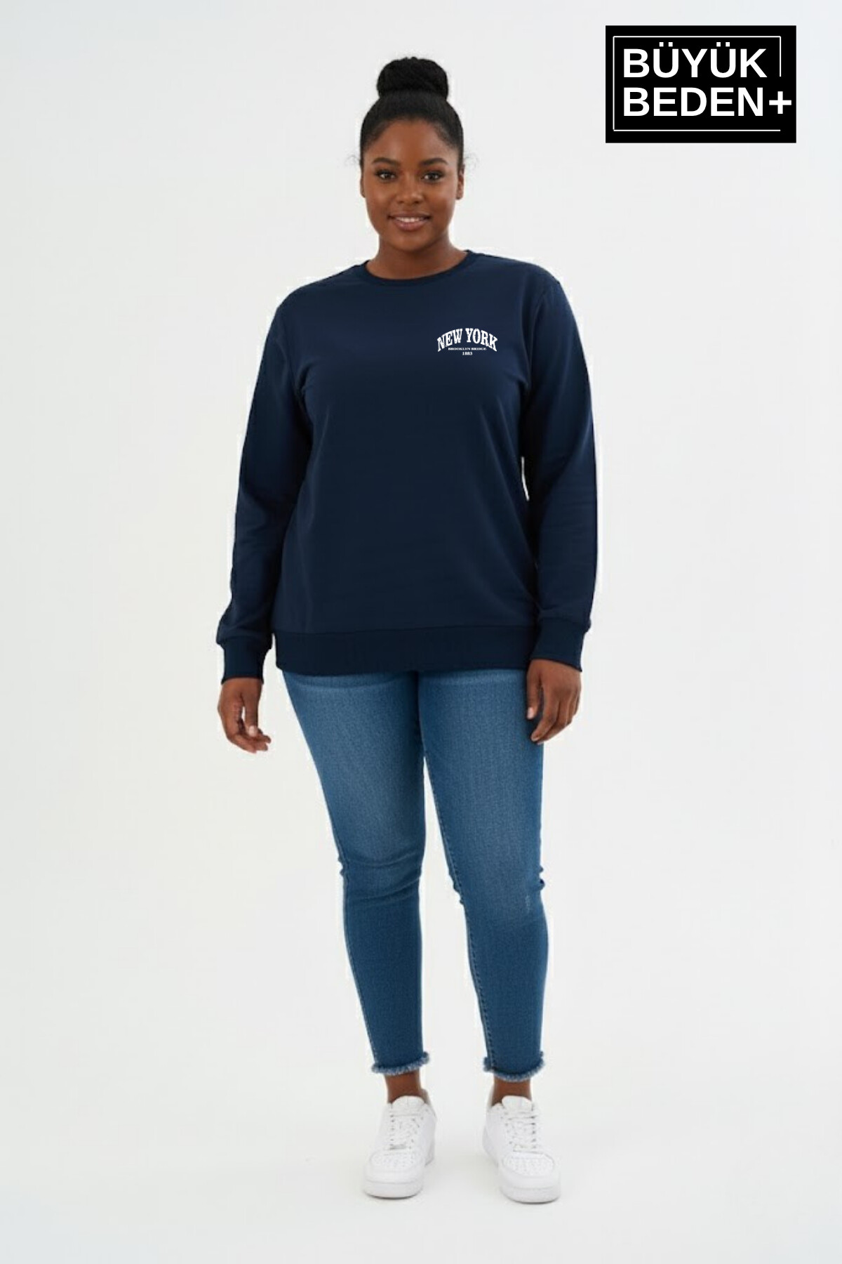 Kadın Büyük Beden New York Baskılı Bisilet Yaka İnce Sweatshirt SPR26BSWK956-5