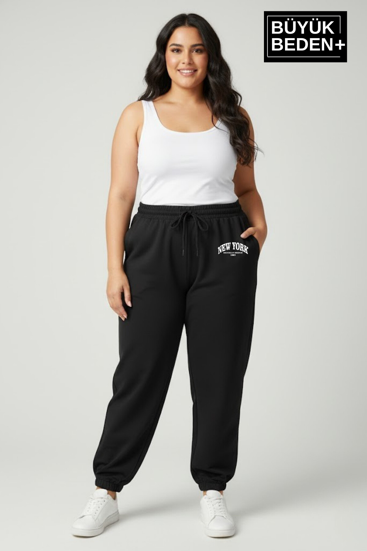 Kadın Büyük Beden New York Paça Lastikli Rahat Kesim Jogger İnce Eşofman Altı SPR26BEAK951-5