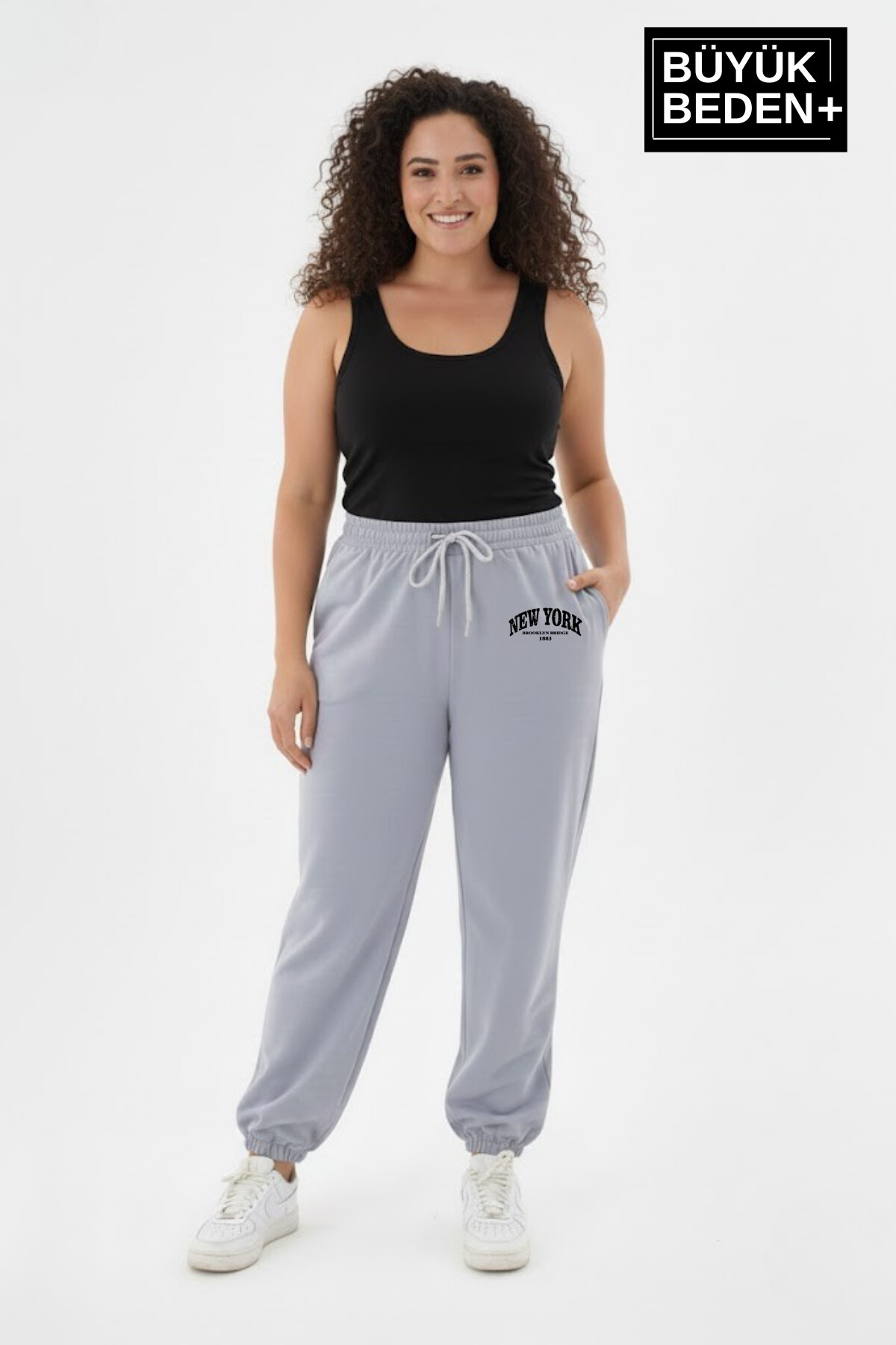 Kadın Büyük Beden New York Paça Lastikli Rahat Kesim Jogger İnce Eşofman Altı SPR26BEAK951-5
