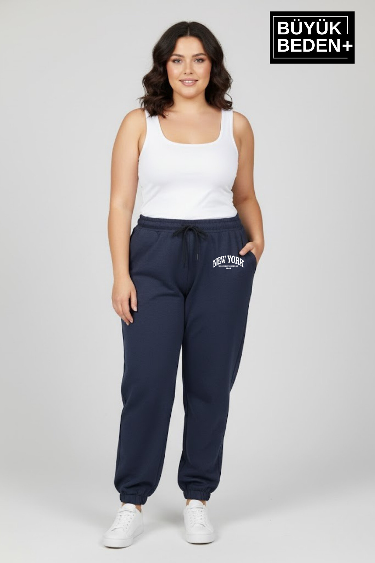Kadın Büyük Beden New York Paça Lastikli Rahat Kesim Jogger İnce Eşofman Altı SPR26BEAK951-5