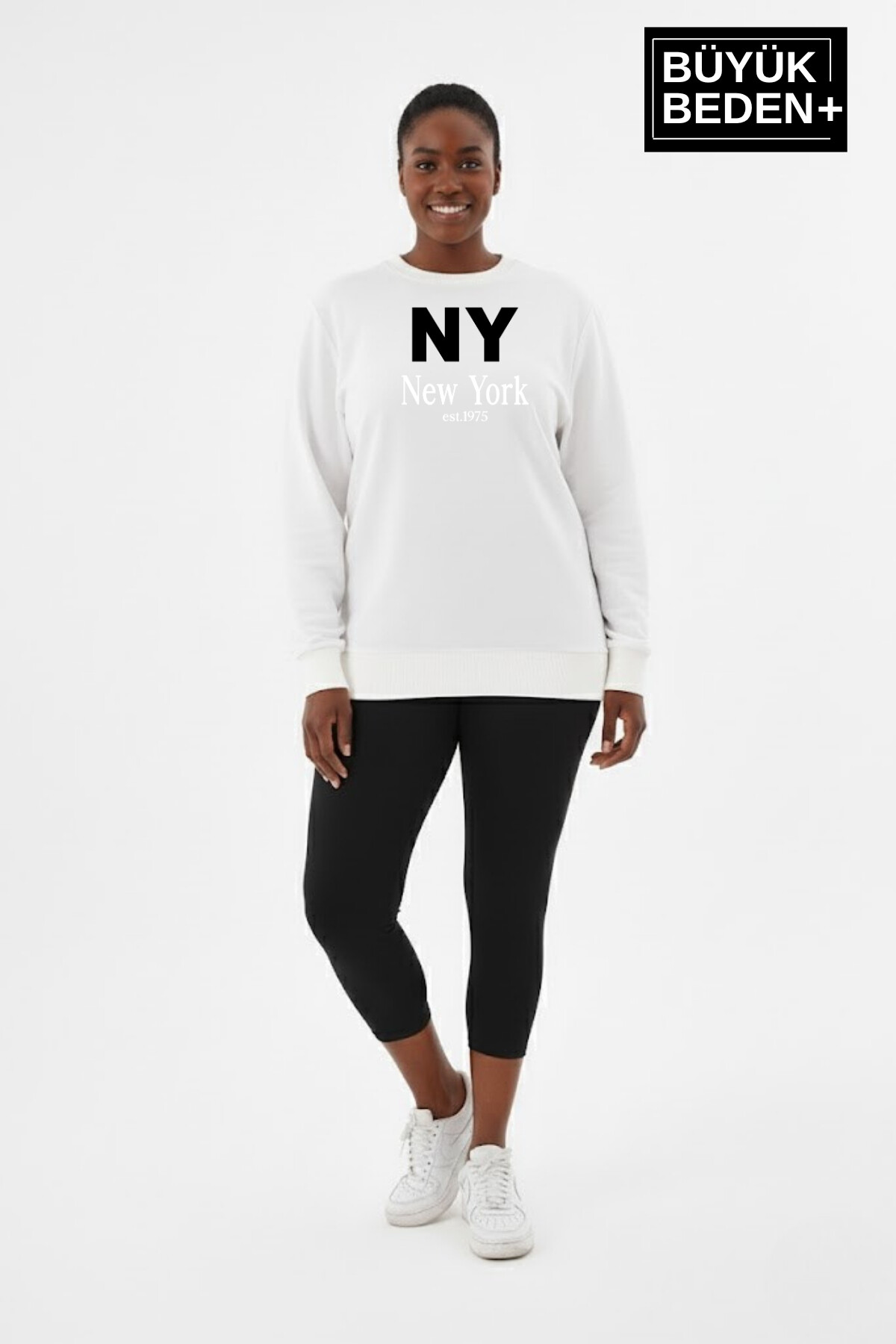Kadın Büyük Beden NY Newyork Baskılı Bisiklet Yaka ince Sweatshirt SPR26BSWK956-15