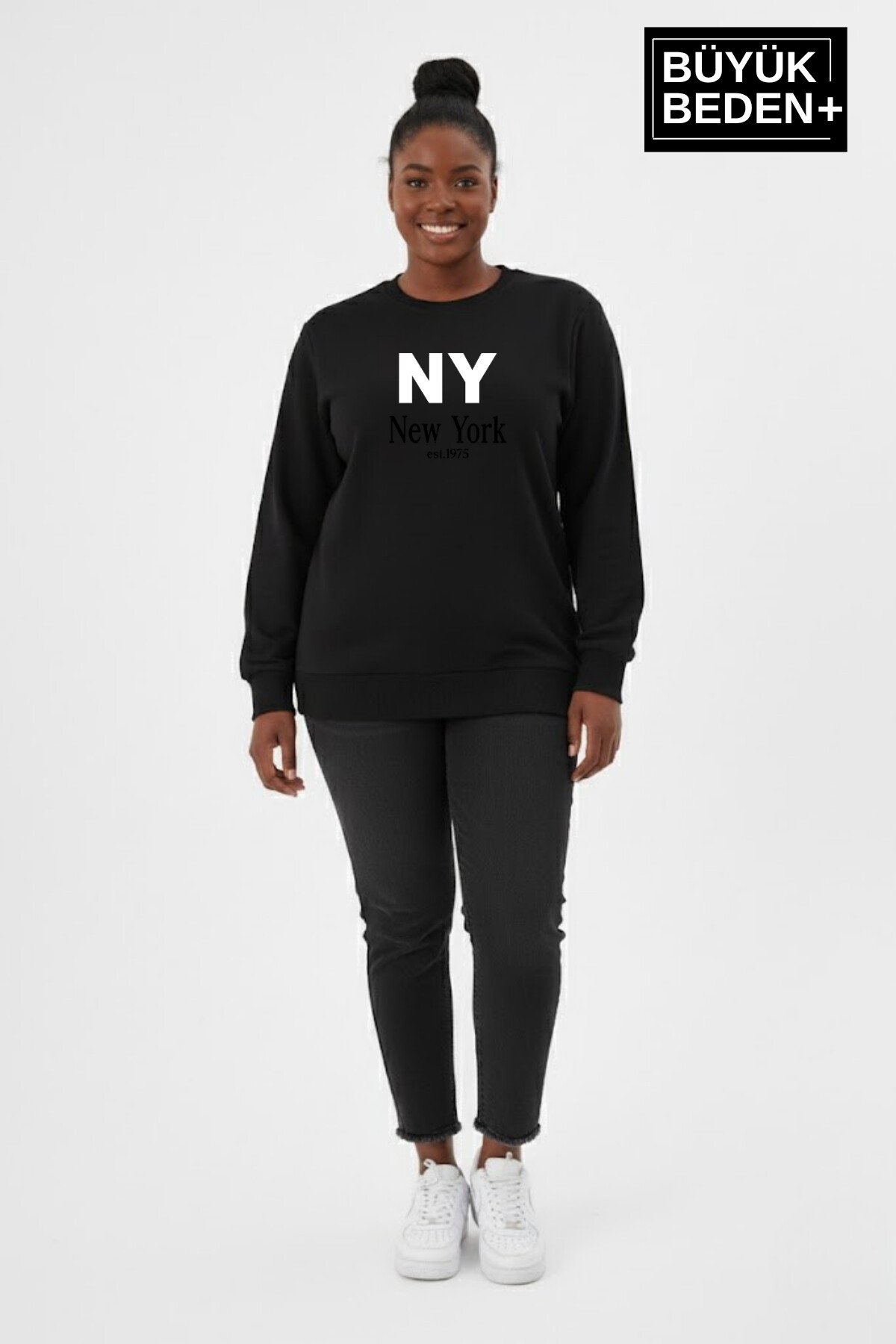 Kadın Büyük Beden NY Newyork Baskılı Bisiklet Yaka ince Sweatshirt SPR26BSWK956-15