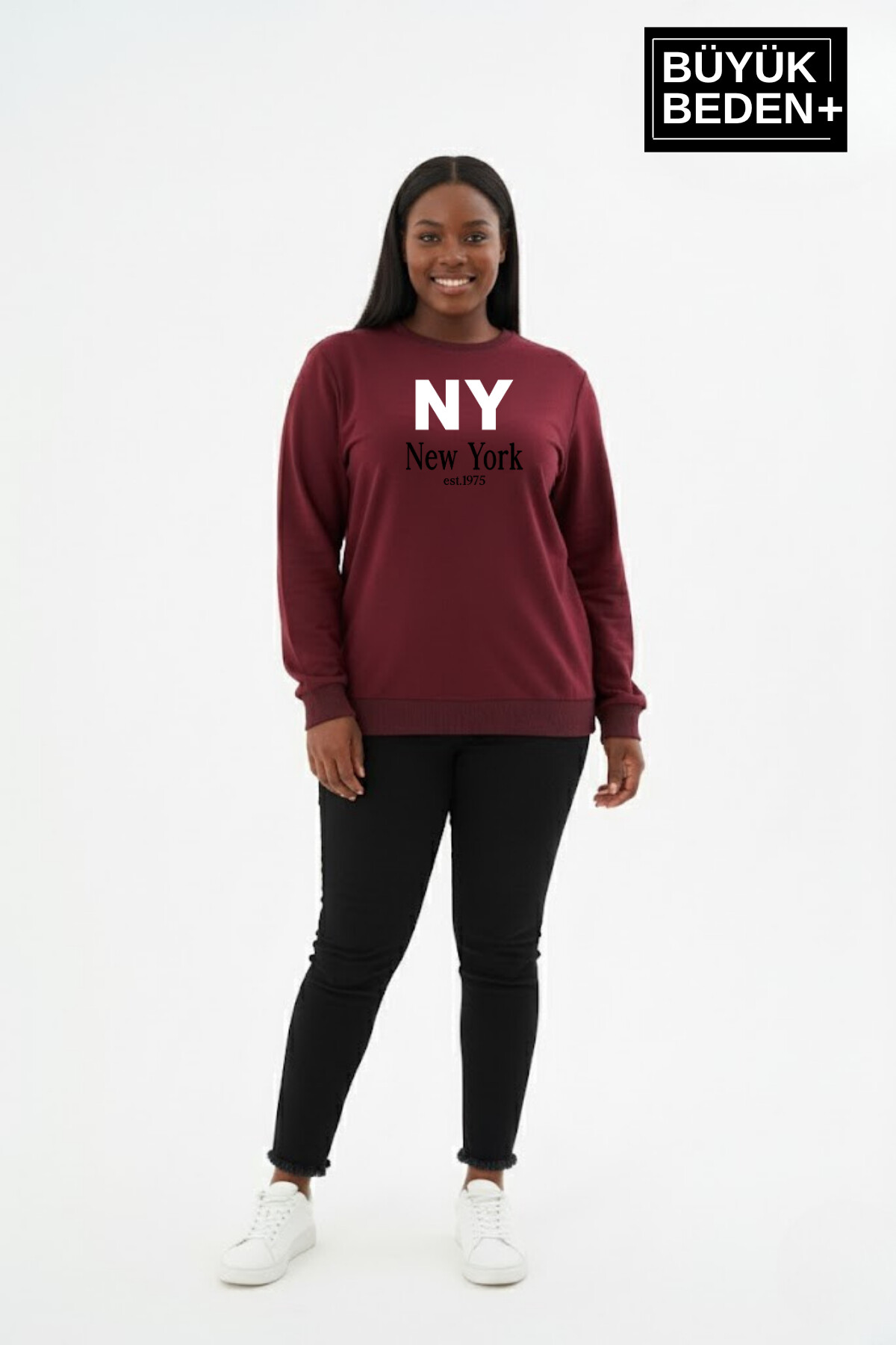 Kadın Büyük Beden NY Newyork Baskılı Bisiklet Yaka ince Sweatshirt SPR26BSWK956-15
