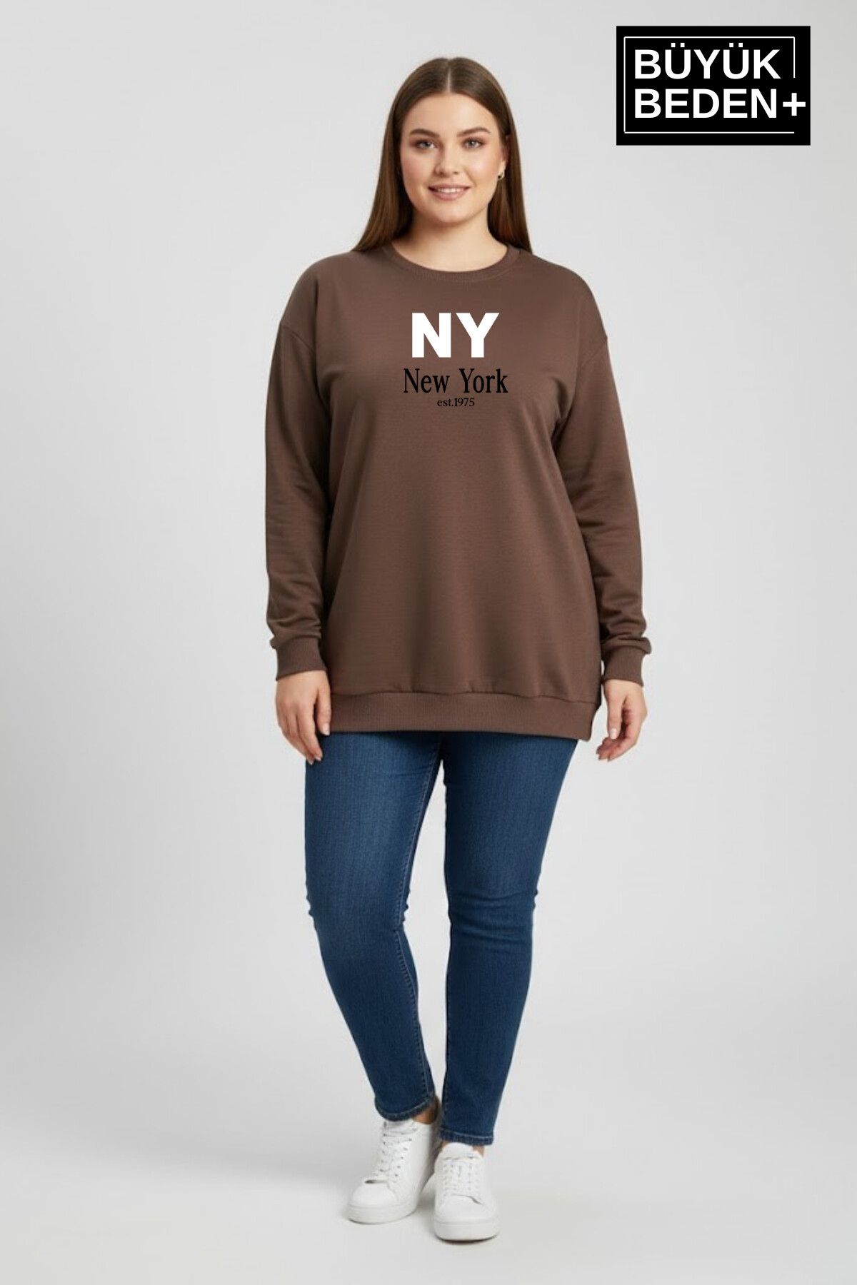 Kadın Büyük Beden NY Newyork Baskılı Bisiklet Yaka ince Sweatshirt SPR26BSWK956-15
