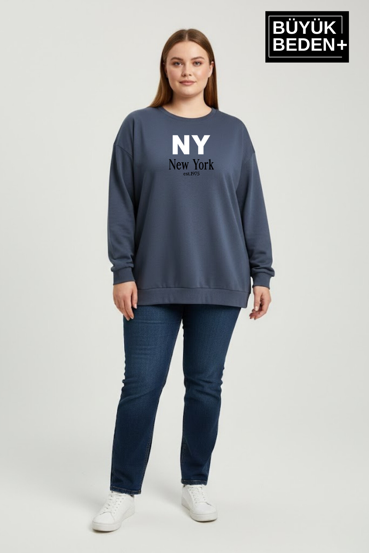 Kadın Büyük Beden NY Newyork Baskılı Bisiklet Yaka ince Sweatshirt SPR26BSWK956-15