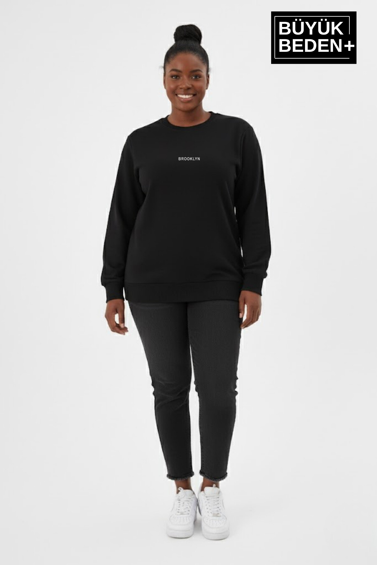 Kadın Büyük Beden Orta Brooklyn Baskılı Bisiklet Yaka İnce Sweatshirt SPR26BSWK956-8