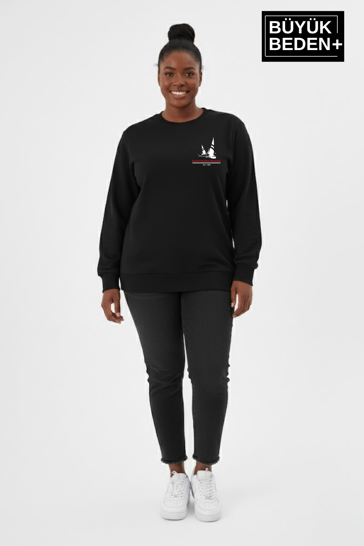 Kadın Büyük Beden Yelken Baskılı Bisiklet Yaka ince Sweatshirt SPR26BSWK956-11