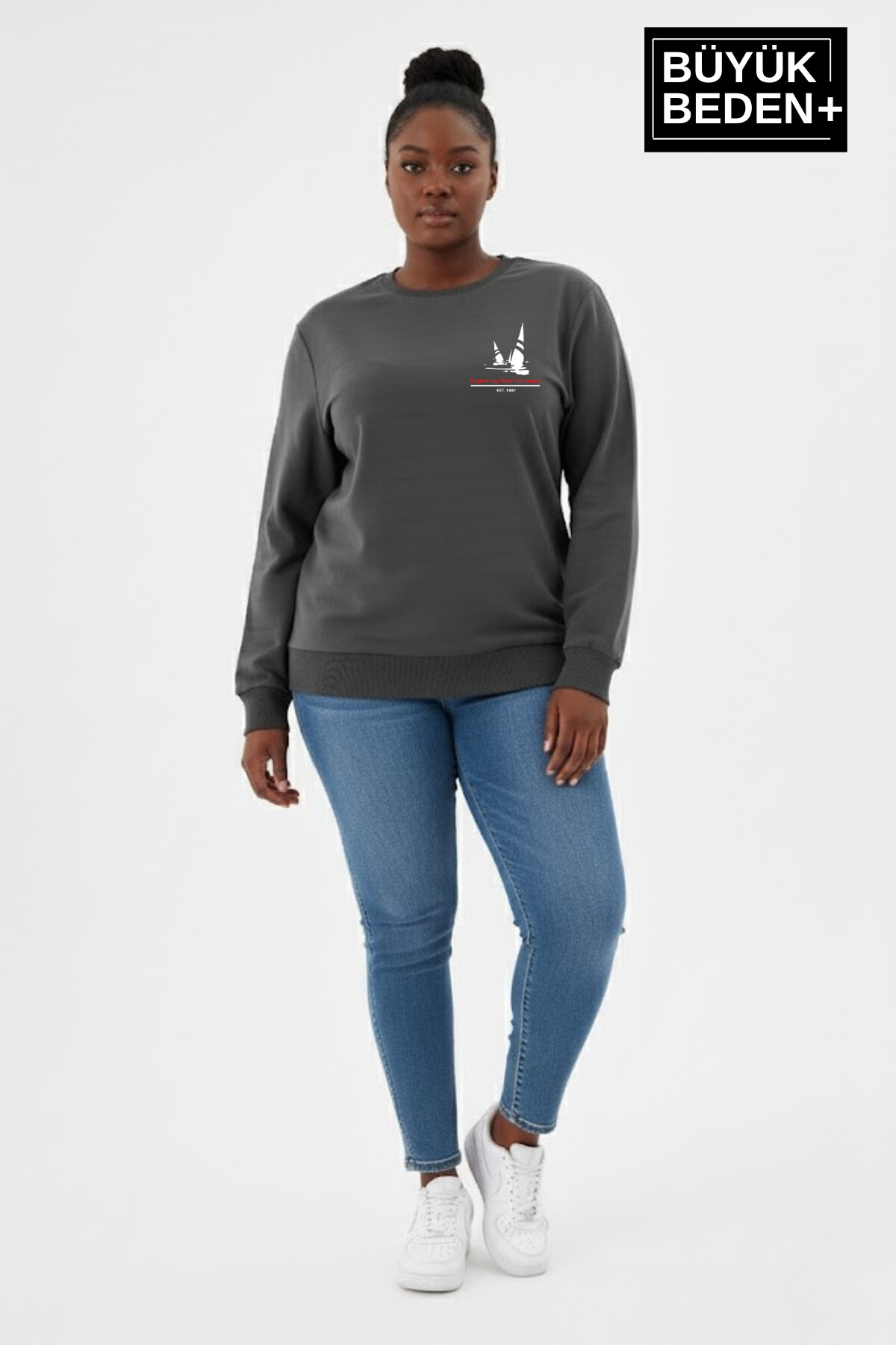 Kadın Büyük Beden Yelken Baskılı Bisiklet Yaka ince Sweatshirt SPR26BSWK956-11