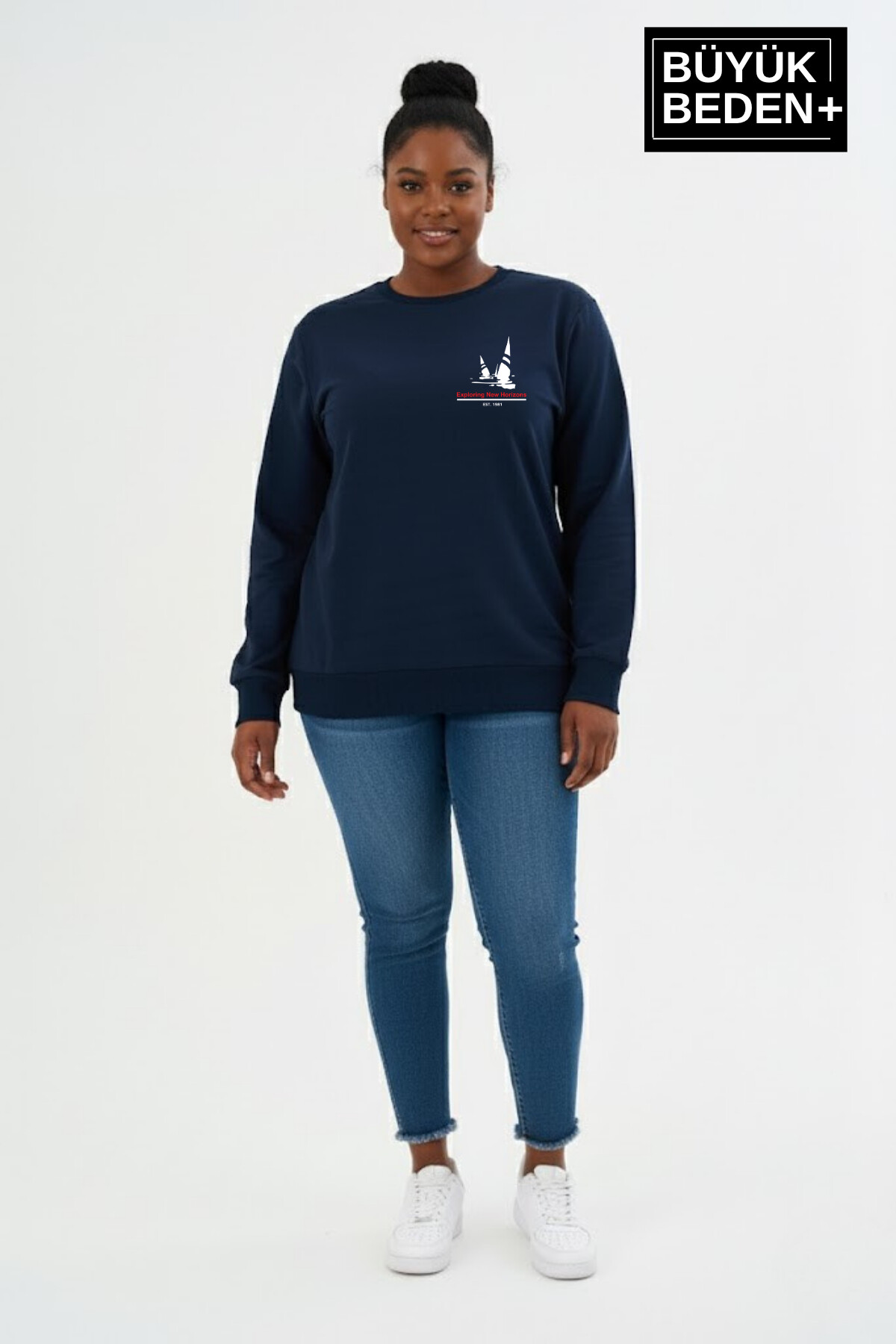 Kadın Büyük Beden Yelken Baskılı Bisiklet Yaka ince Sweatshirt SPR26BSWK956-11