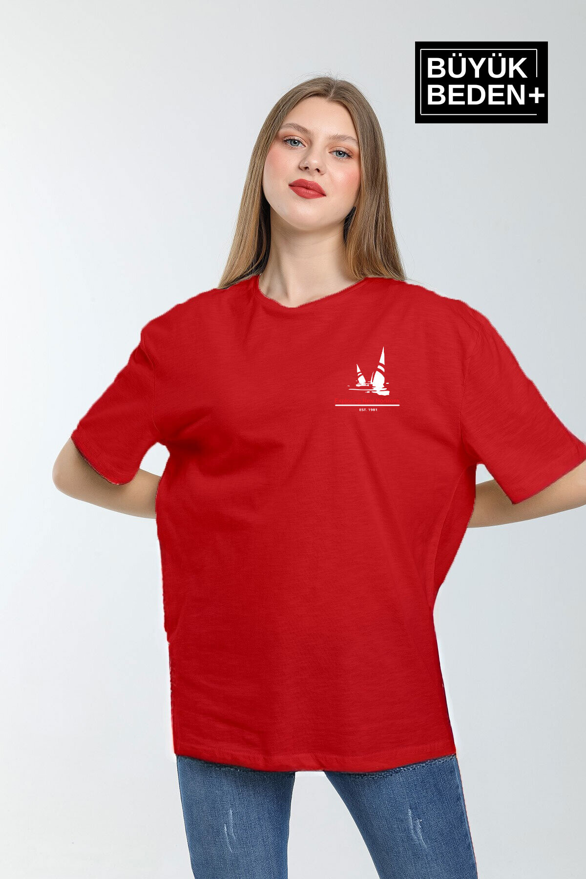 Süperlife Kadın Büyük Beden Yelken Baskılı 3xl-6xl Bisiklet Yaka Tshırt SPR26BTSK510-11