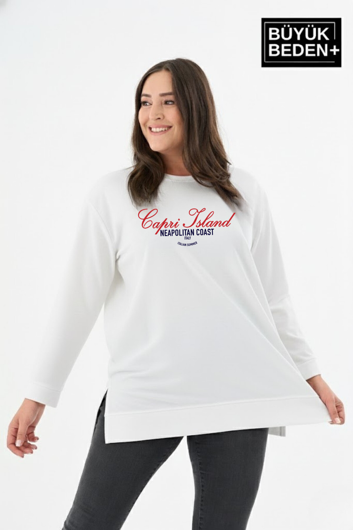 Kadın Tunik Büyük Beden Capri Island Baskılı ince Sweatshırt SPR26BTK990-1