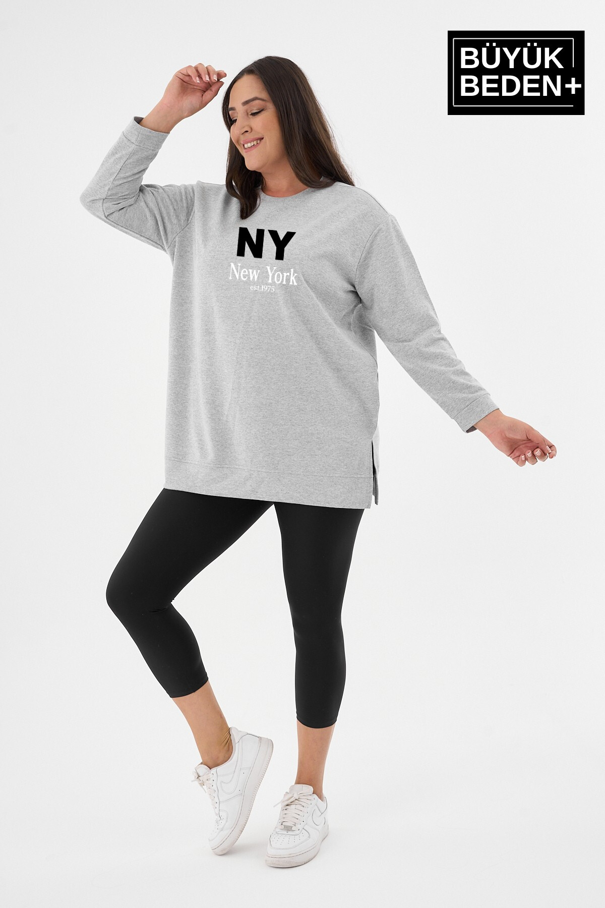Kadın Tunik Büyük Beden NY NEWYORK Baskılı ince Sweatshırt SPR26BTK990-1