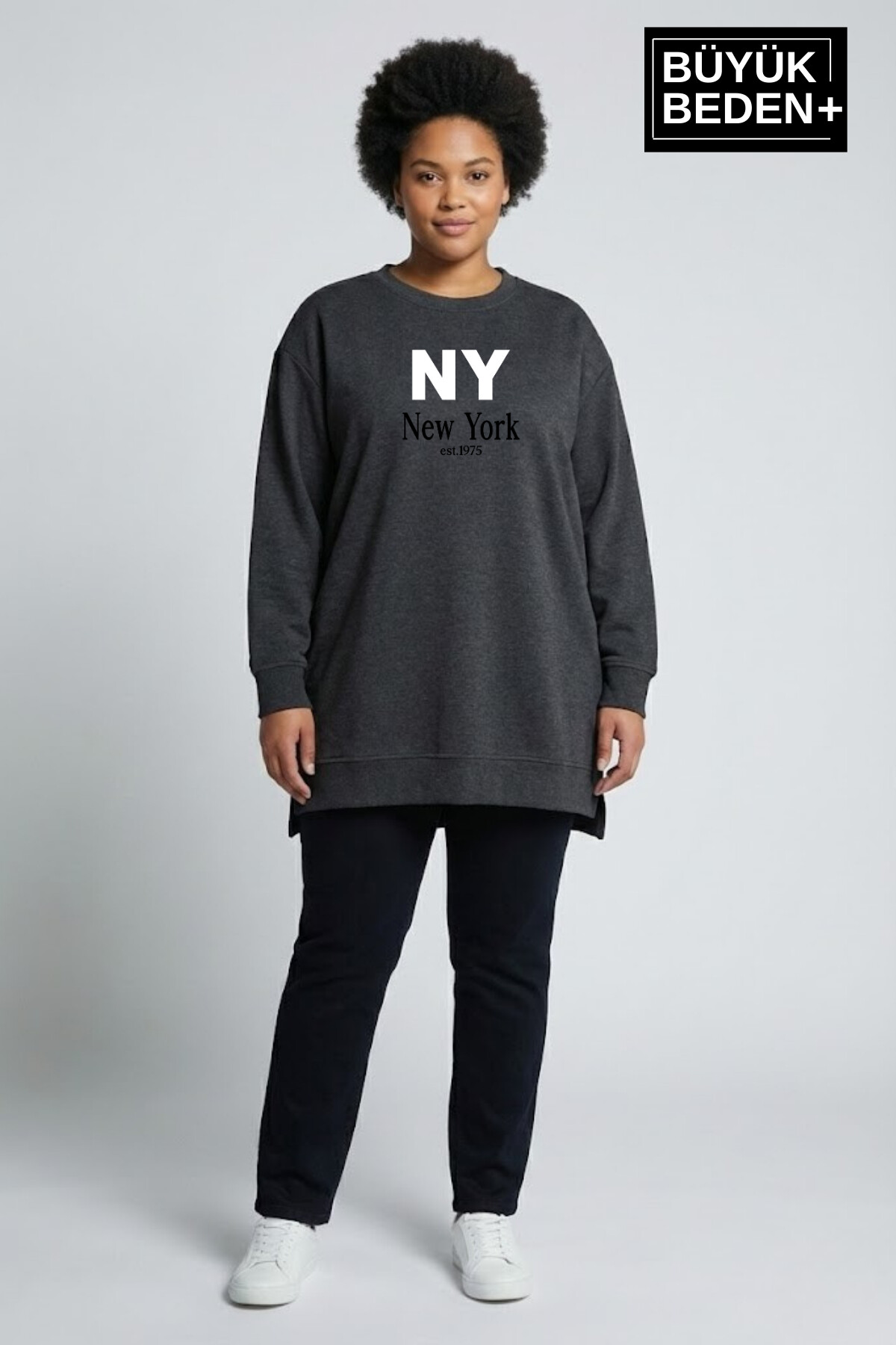 Kadın Tunik Büyük Beden NY NEWYORK Baskılı ince Sweatshırt SPR26BTK990-1