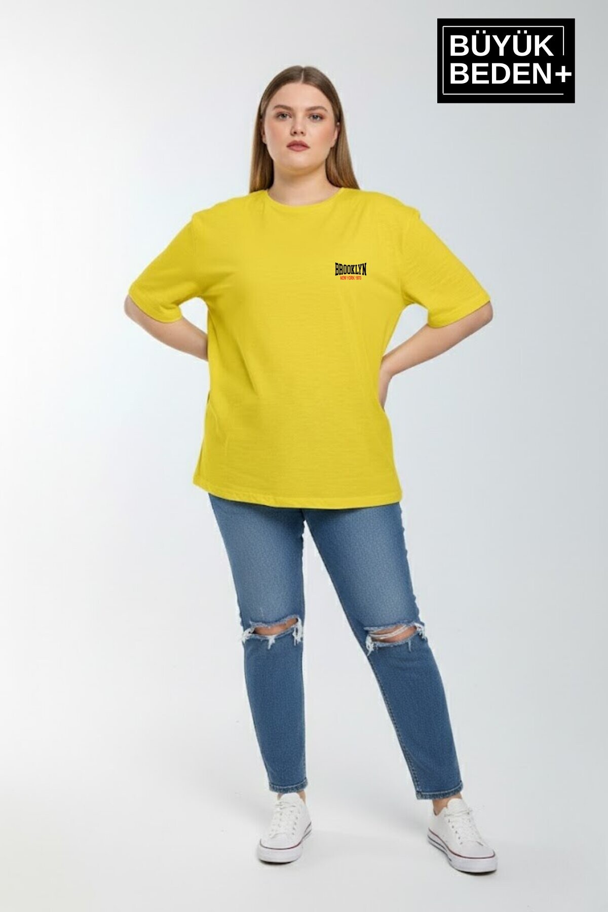 Süperlife Kadın Büyük Beden Brooklyn 1970 Baskılı 3xl-6xl Bisiklet Yaka Tshırt SPR25BTSK510-3