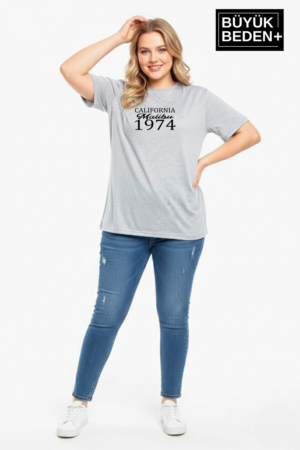 Süperlife Kadın Büyük Beden California 1974 Baskılı  3xl-6xl Bisiklet Yaka Tshırt SPR25BTSK510-2