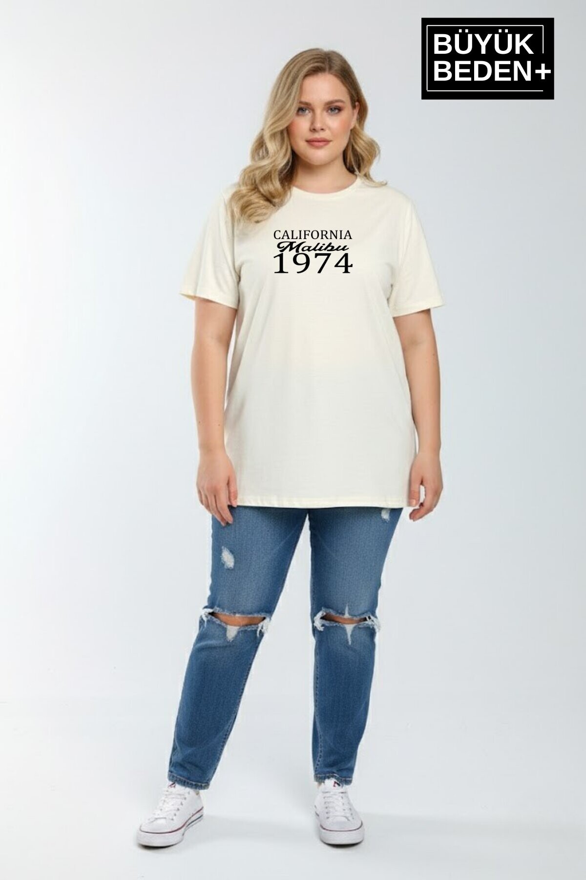 Süperlife Kadın Büyük Beden California 1974 Baskılı  3xl-6xl Bisiklet Yaka Tshırt SPR25BTSK510-2