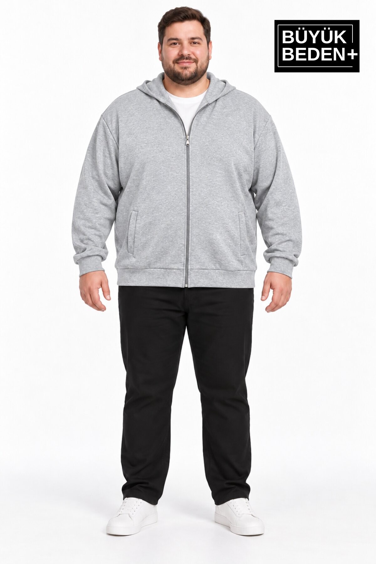 Erkek Büyük Beden İki İplik Kapüşonlu Fermuarlı Cepli Sweatshirt Hırka SPR26BHR961