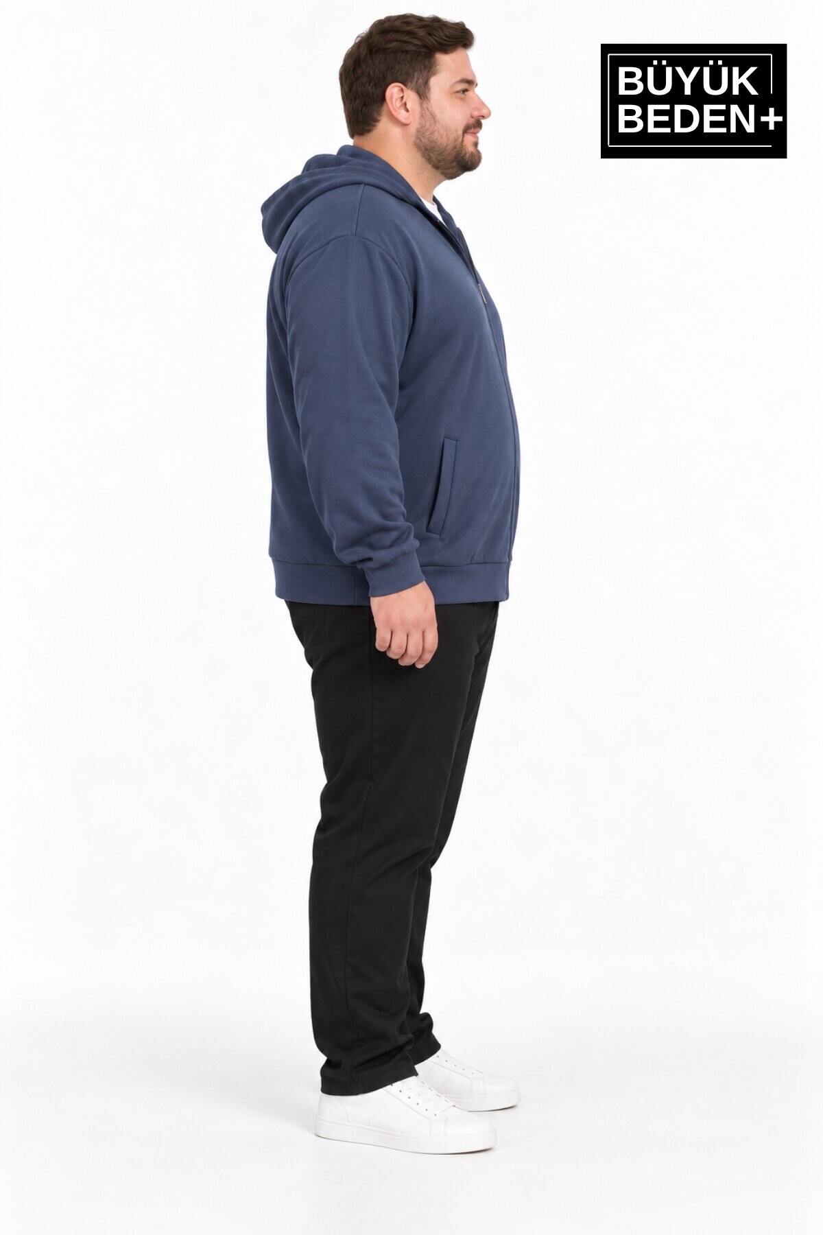 Erkek Büyük Beden İki İplik Kapüşonlu Fermuarlı Cepli Sweatshirt Hırka SPR26BHR961