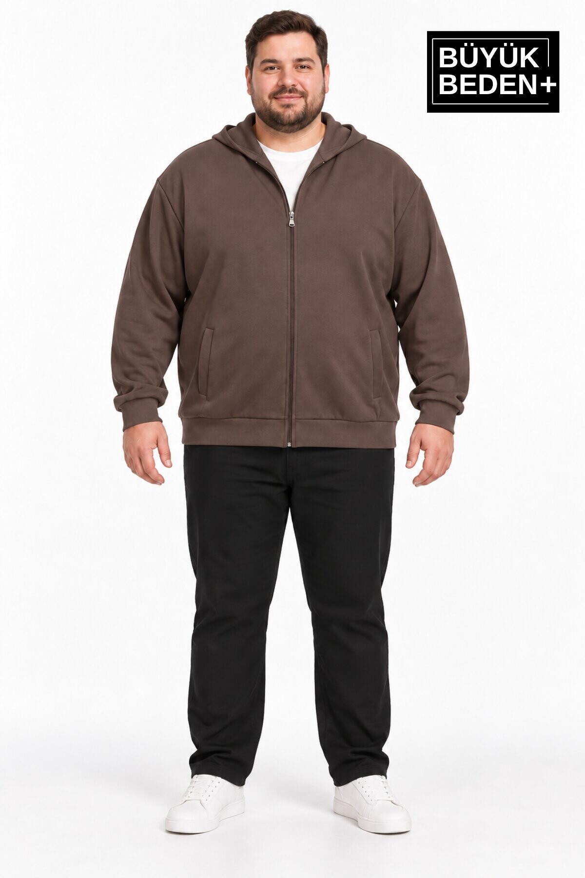 Erkek Büyük Beden İki İplik Kapüşonlu Fermuarlı Cepli Sweatshirt Hırka SPR26BHR961