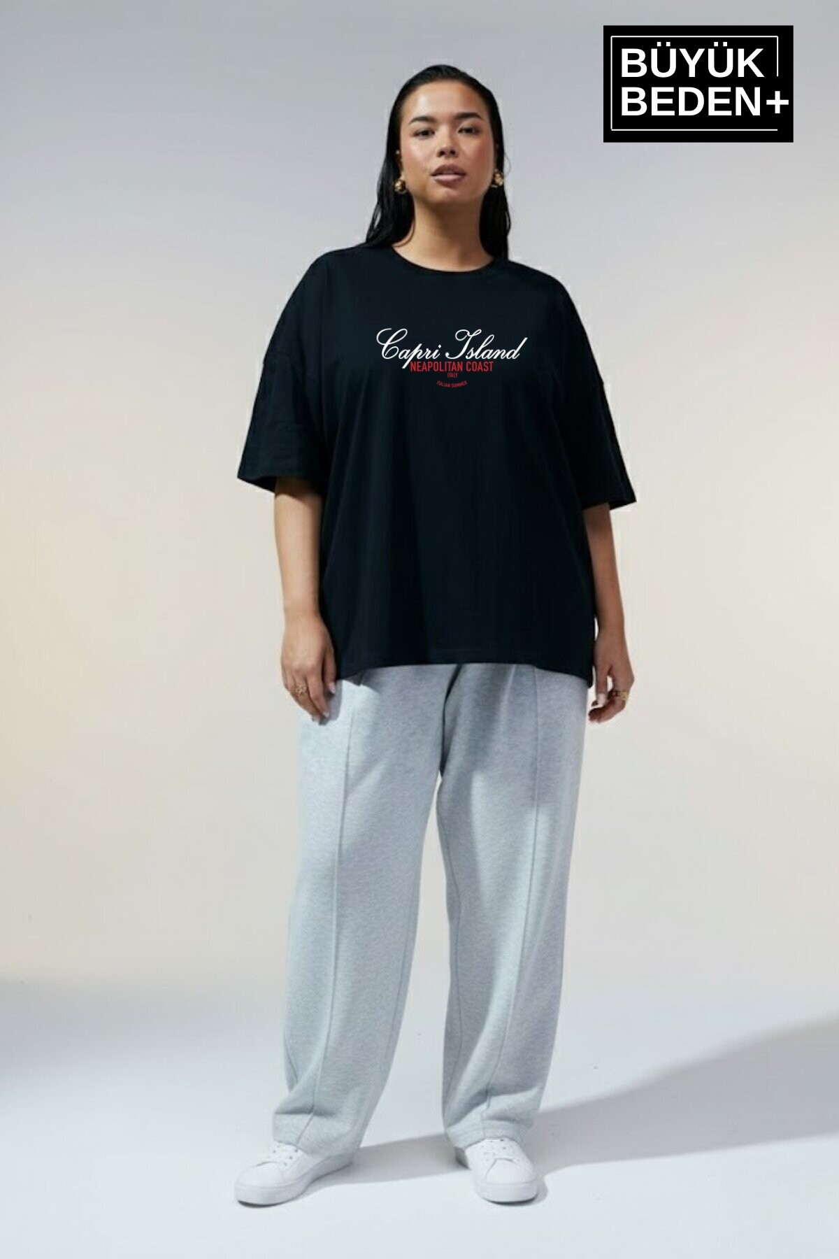 Süperlife Kadın Büyük Beden Capri Island Baskılı 3xl-6xl Bisiklet Yaka Tshırt SPR26BTSK510-14