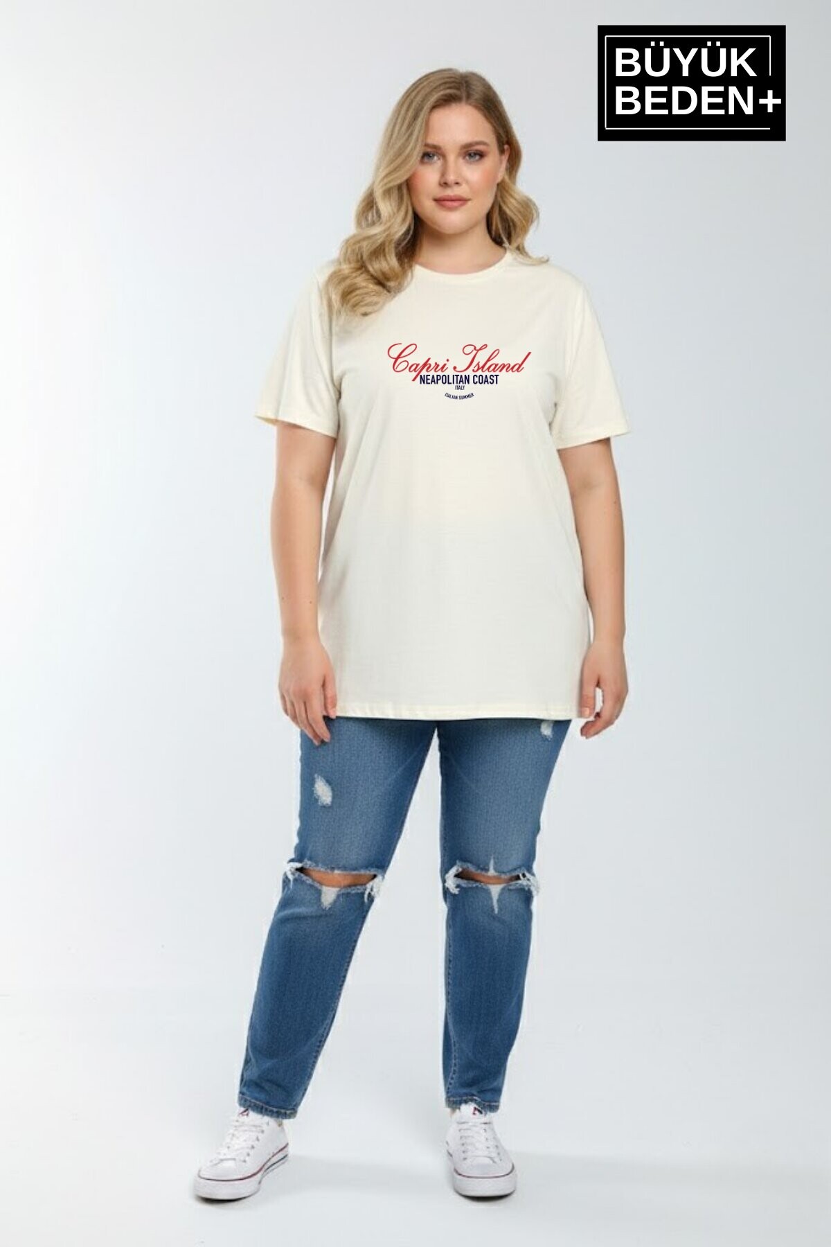Süperlife Kadın Büyük Beden Capri Island Baskılı 3xl-6xl Bisiklet Yaka Tshırt SPR26BTSK510-14