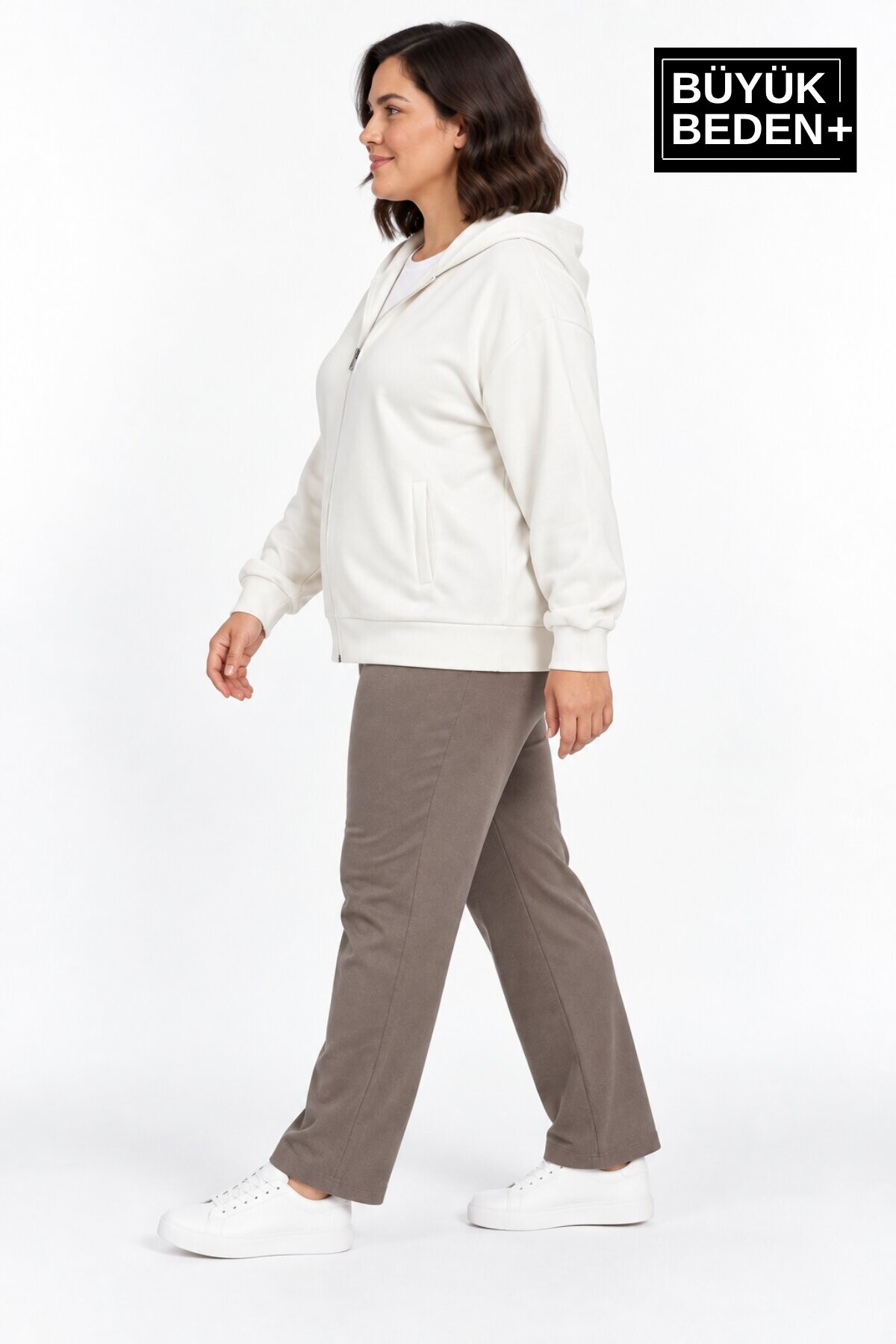 Kadın Büyük Beden Fermuarlı Kapüşonlu Cepli Sweatshirt Hırka Rahat Kalıp SPR26BHRK961