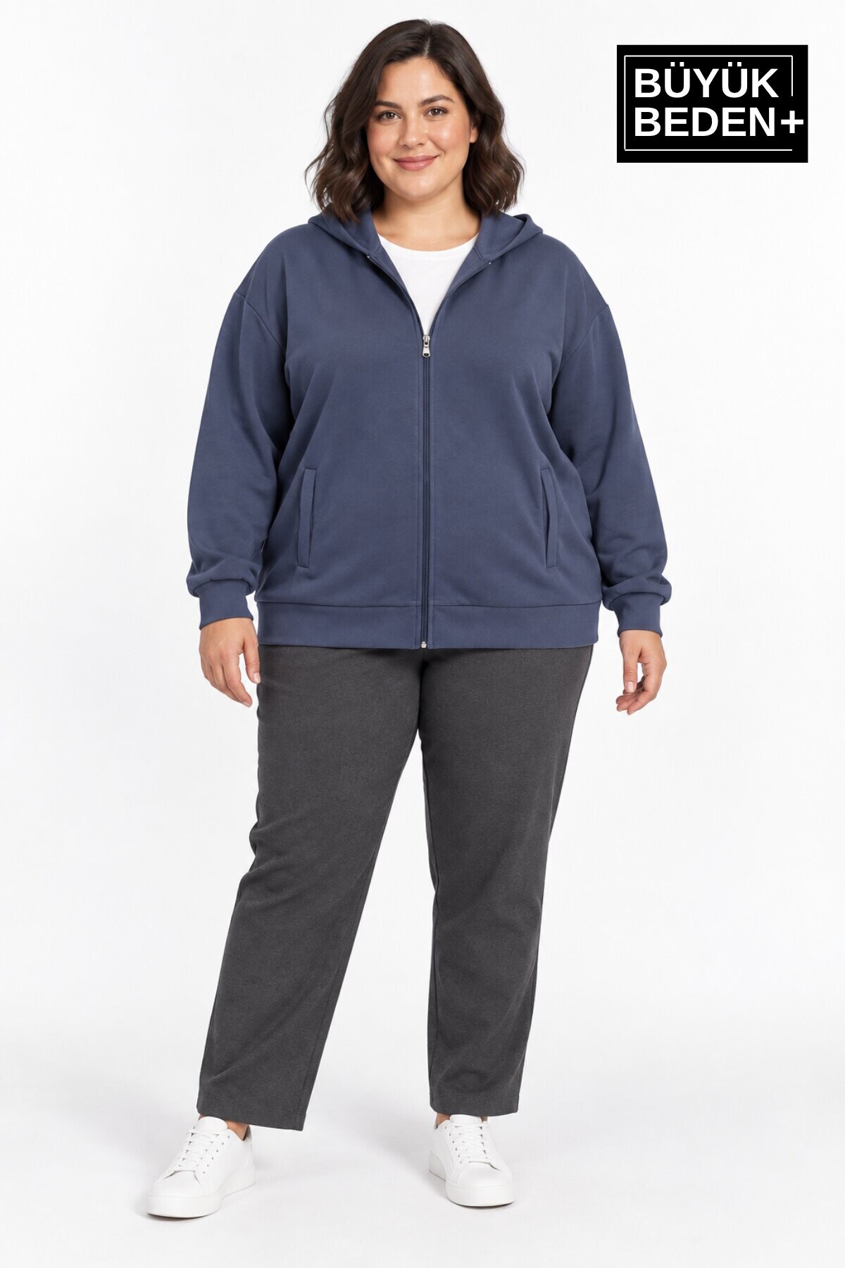 Kadın Büyük Beden Fermuarlı Kapüşonlu Cepli Sweatshirt Hırka Rahat Kalıp SPR26BHRK961