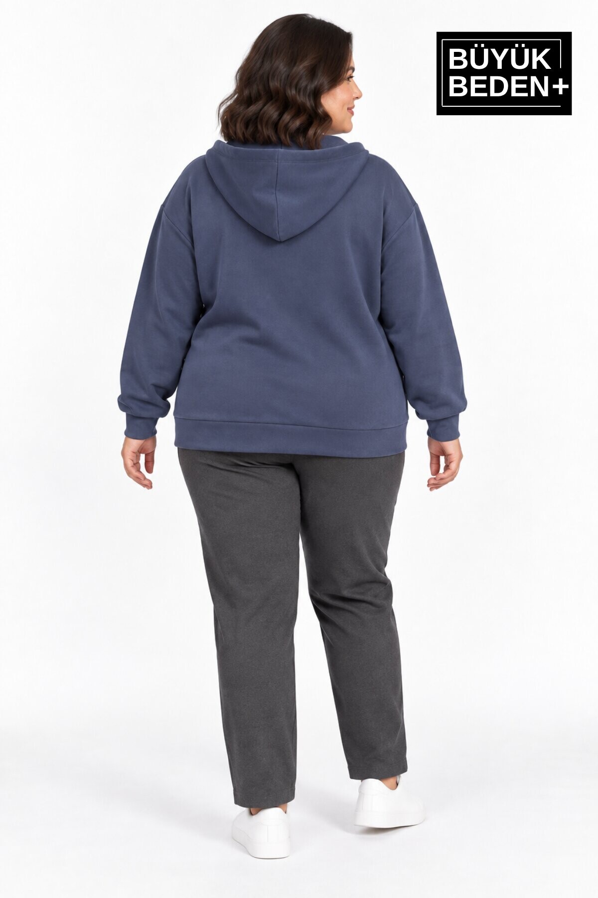 Kadın Büyük Beden Fermuarlı Kapüşonlu Cepli Sweatshirt Hırka Rahat Kalıp SPR26BHRK961