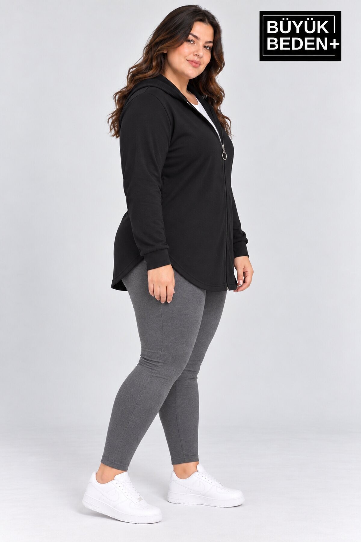 Kadın Büyük Beden Fermuarlı Kapüşonlu Sweatshirt Günlük Rahat Kesim SPR26BHR994