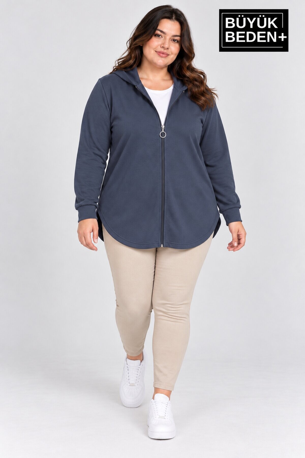Kadın Büyük Beden Fermuarlı Kapüşonlu Sweatshirt Günlük Rahat Kesim SPR26BHR994