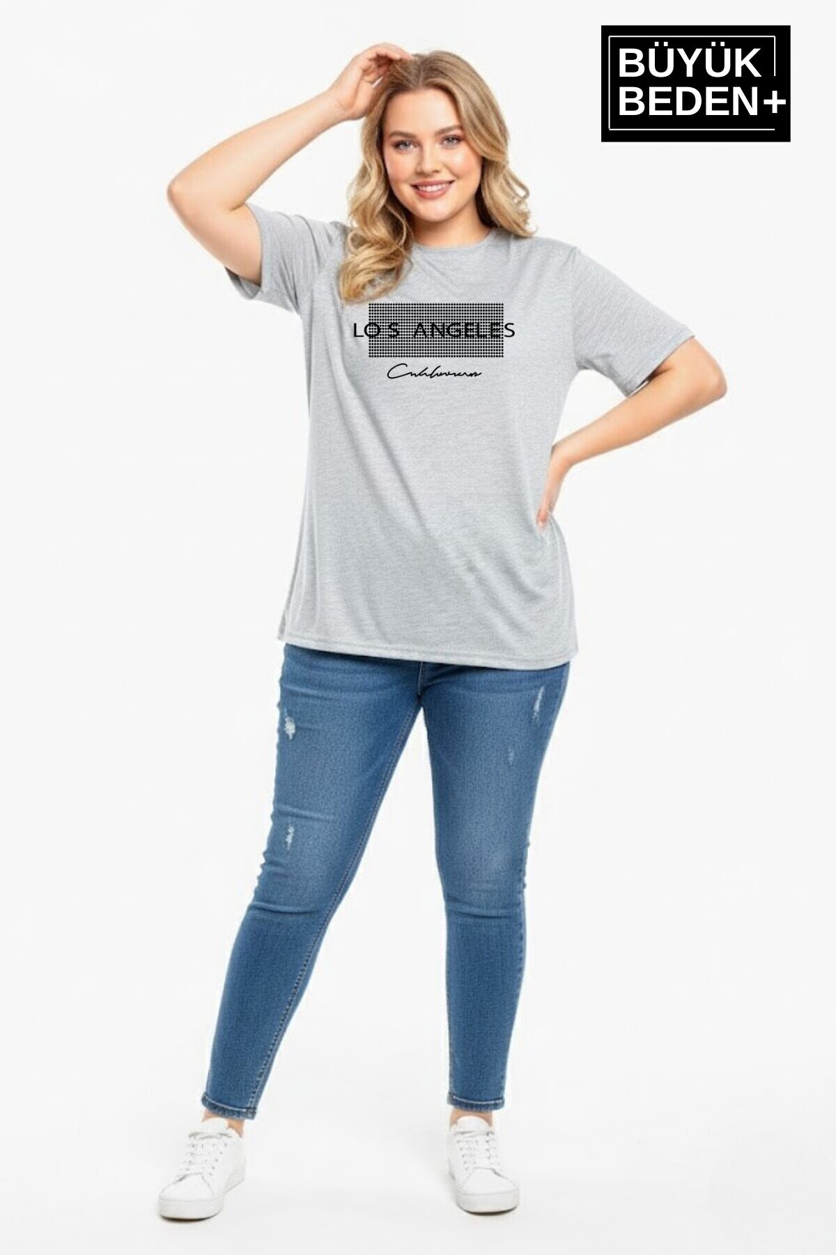 Süperlife Kadın Büyük Beden Los Angeles Baskılı 3xl-6xl Bisiklet Yaka Tshırt SPR26BTSK510-18
