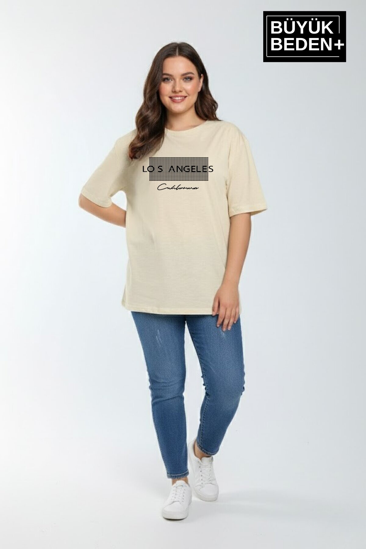 Süperlife Kadın Büyük Beden Los Angeles Baskılı 3xl-6xl Bisiklet Yaka Tshırt SPR26BTSK510-18