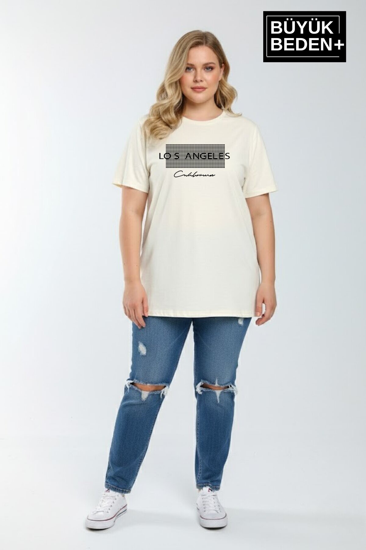 Süperlife Kadın Büyük Beden Los Angeles Baskılı 3xl-6xl Bisiklet Yaka Tshırt SPR26BTSK510-18