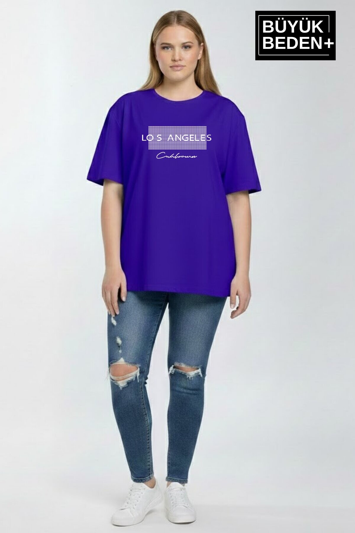 Süperlife Kadın Büyük Beden Los Angeles Baskılı 3xl-6xl Bisiklet Yaka Tshırt SPR26BTSK510-18