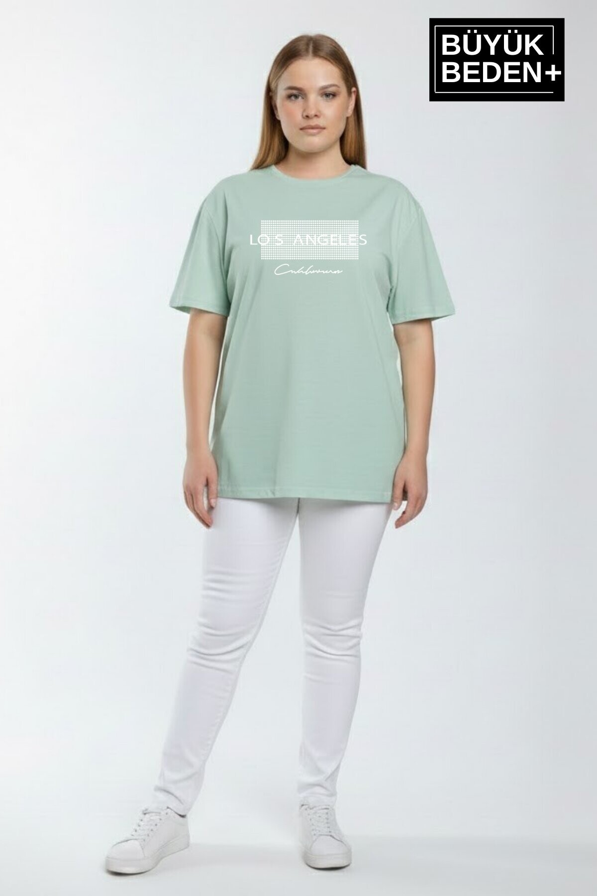 Süperlife Kadın Büyük Beden Los Angeles Baskılı 3xl-6xl Bisiklet Yaka Tshırt SPR26BTSK510-18
