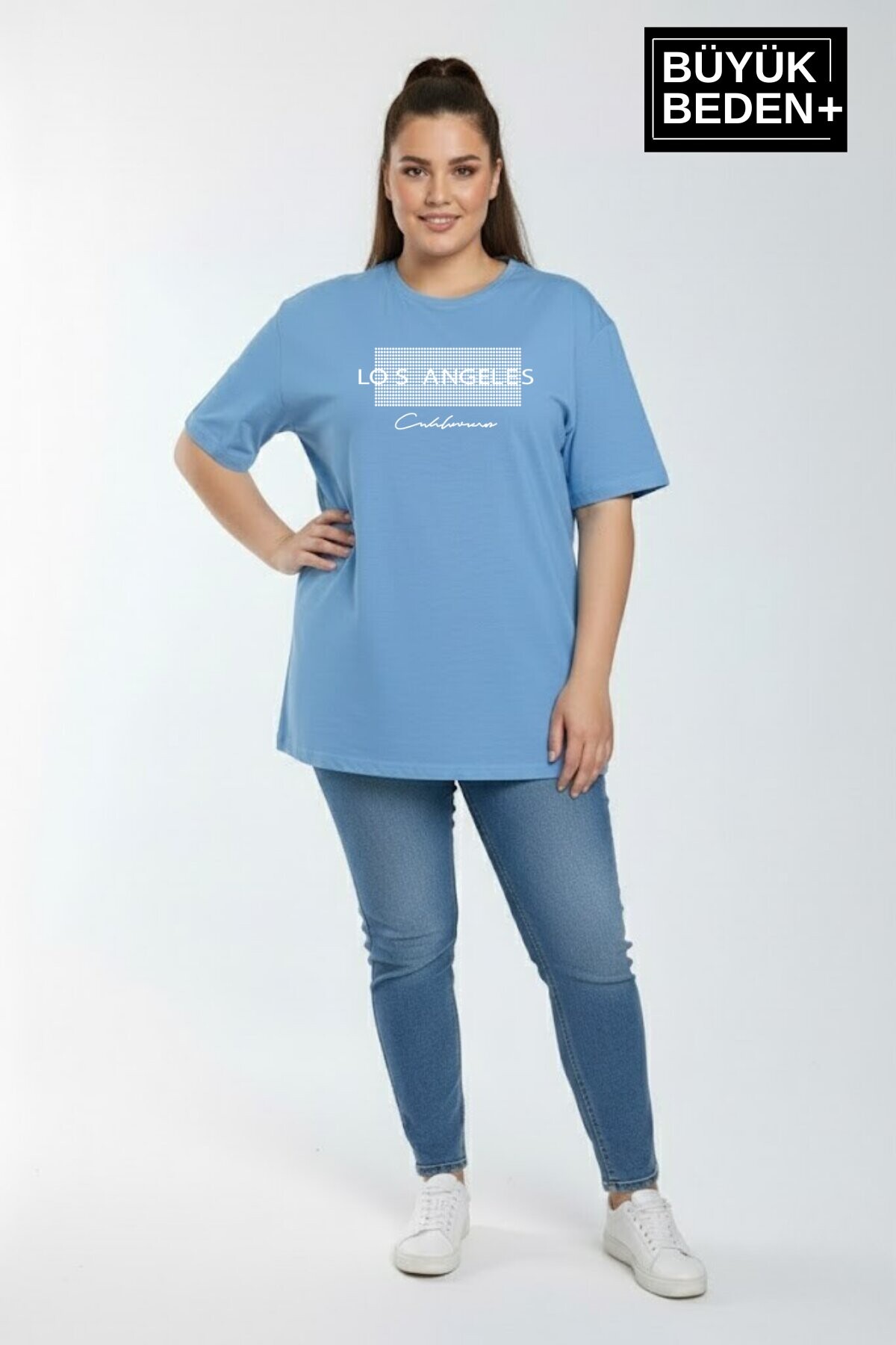 Süperlife Kadın Büyük Beden Los Angeles Baskılı 3xl-6xl Bisiklet Yaka Tshırt SPR26BTSK510-18