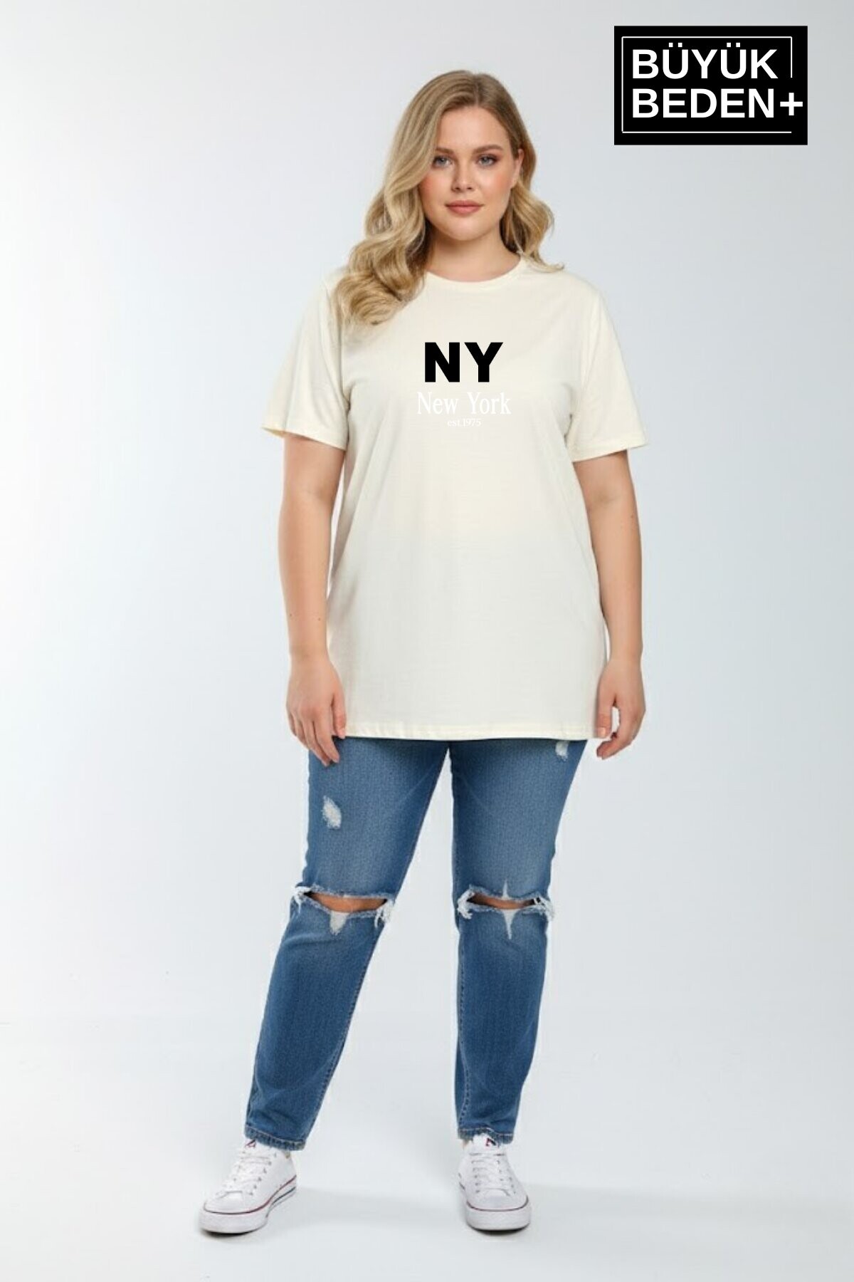 Süperlife Kadın Büyük Beden NY New York  Baskılı 3xl-6xl Bisiklet Yaka Tshırt SPR26BTSK510-15