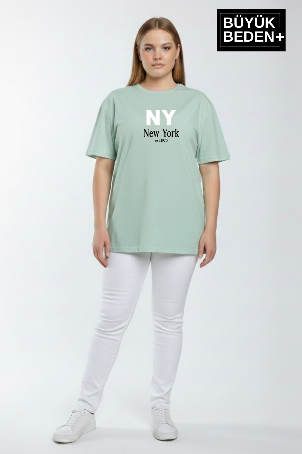 Süperlife Kadın Büyük Beden NY New York  Baskılı 3xl-6xl Bisiklet Yaka Tshırt SPR26BTSK510-15