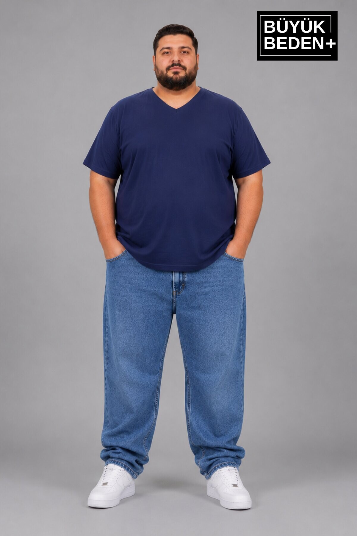 Süperlife Büyük Beden Erkek V Yaka Pamuklu Basic Tişört Lacivert 3XL-6XL SPR26BTS509