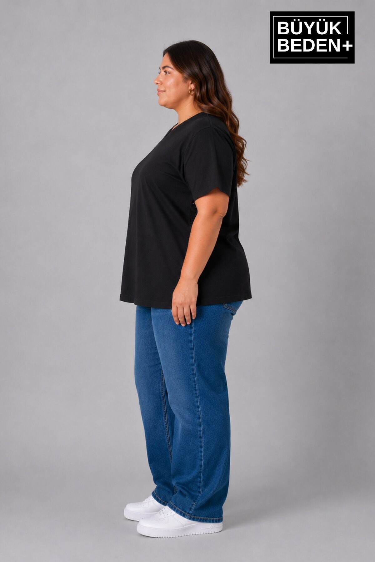 Süperlife Büyük Beden Kadın V Yaka Pamuklu Basic Tişört Lacivert 3XL-6XL SPR26BTSK509